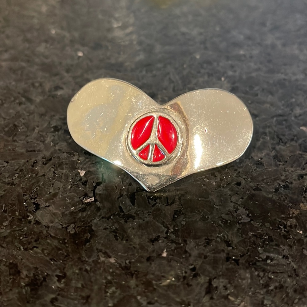 Silver Heart shaped barrette with red enamel peace symbol